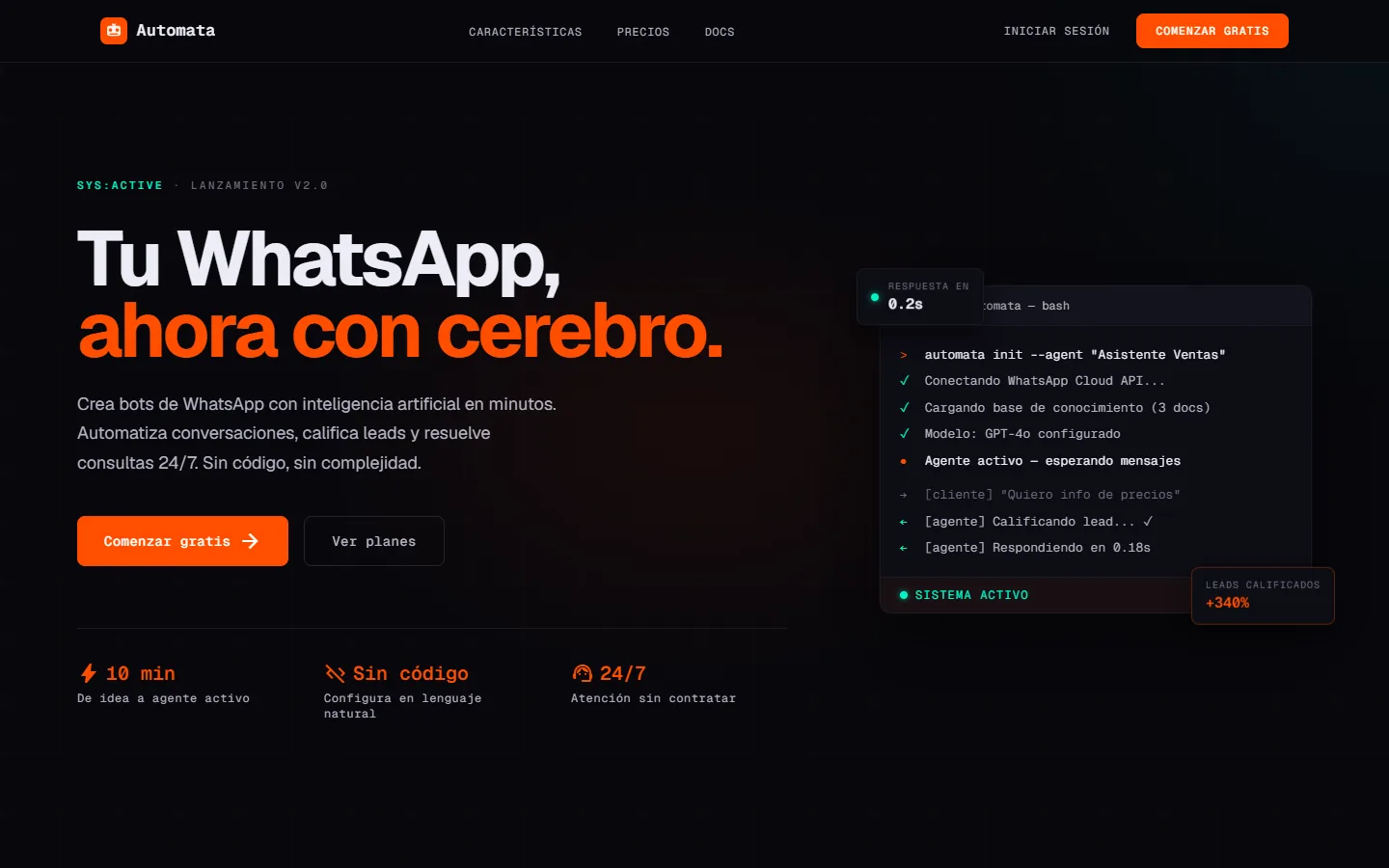 Panel de Asistentes mostrando un agente de WhatsApp activo y calificando un lead