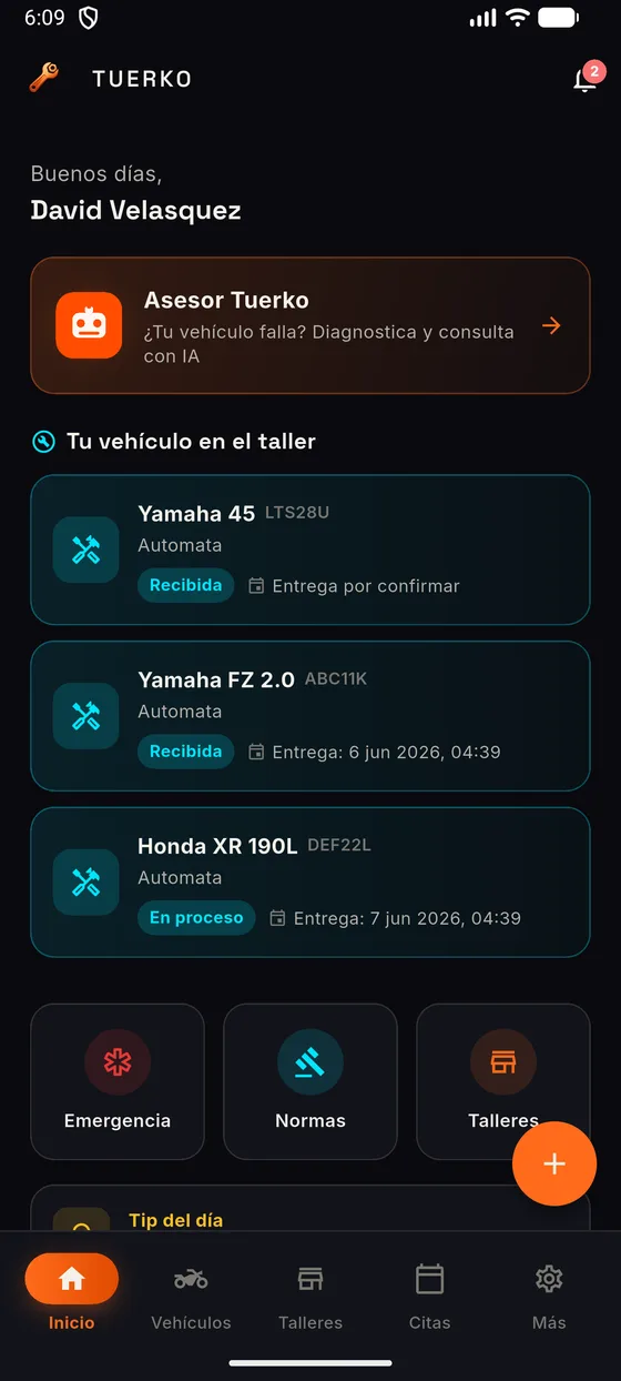 Pantalla de inicio de Tuerko con los vehículos que están en el taller