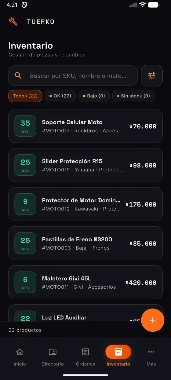 Inventario de repuestos del taller en Tuerko